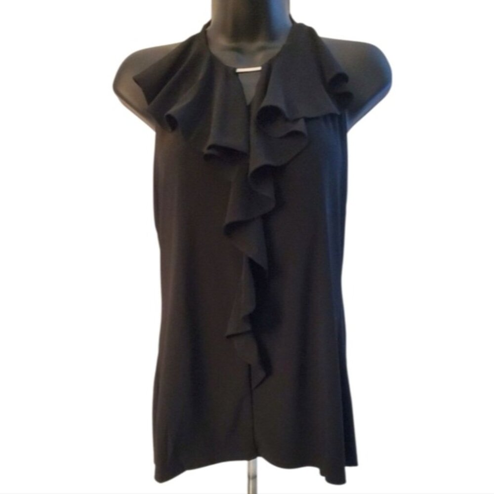 White House Black Market Black Sleeveless Front Ruffle Tie Halter Top Size M